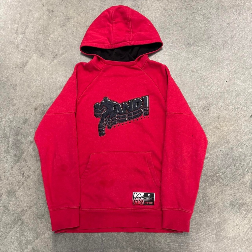 Y2K Men's AND1 Hoodie Sweatshirt Red Embroidered Pullover Basketball Small